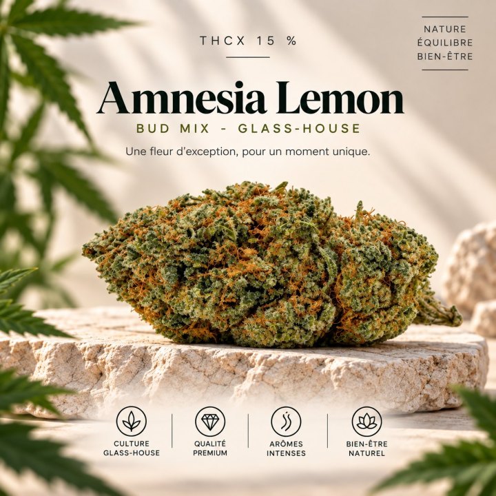Amnesia Lemon THCX en calibre Bud Mix, posée sur une pierre claire