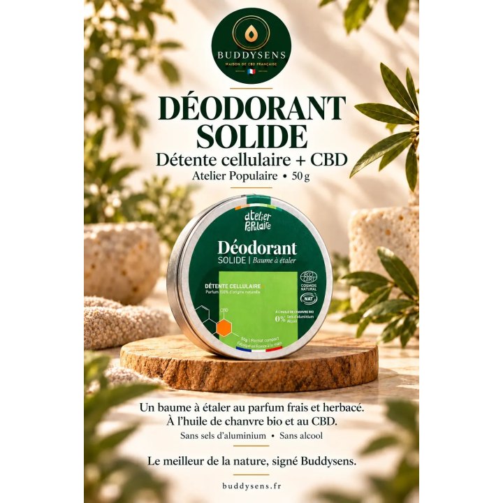 Déodorant solide au CBD Atelier Populaire, boîte de 50 g, sur un socle en bois