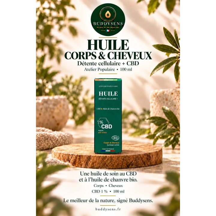 Huile corps et cheveux bio au CBD Atelier Populaire, 100 ml, dans son étui