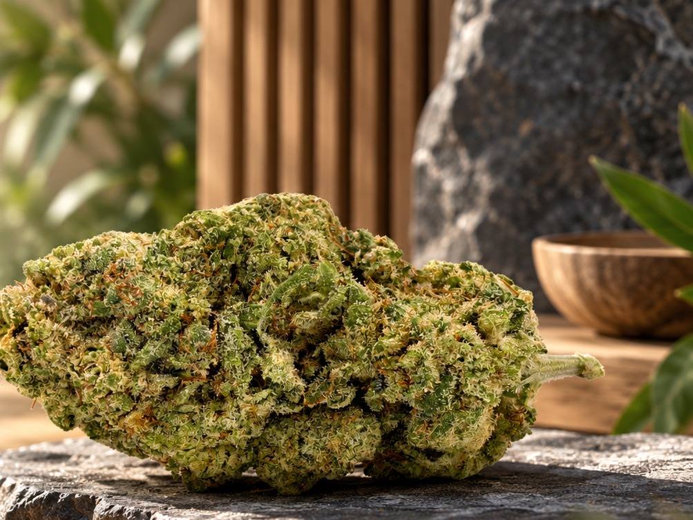Sommité de CBD posée sur une pierre, devant un panneau de bois clair